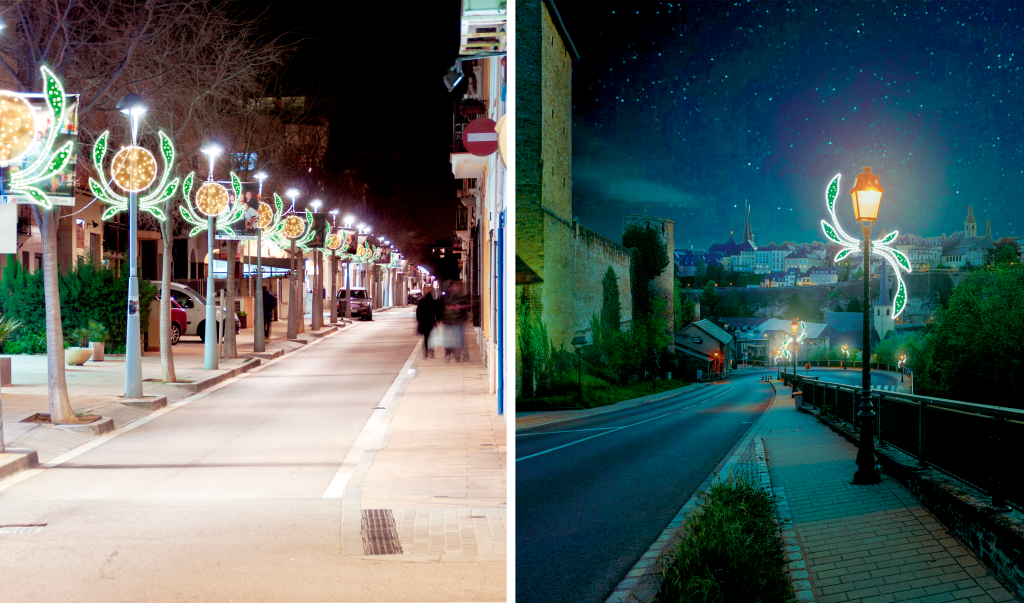 Luces de Navidad Doble imagen Medio Ramo de Laurel en la calle
