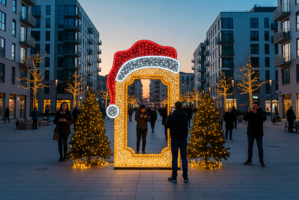 Marco con gorro de Papá Noel en la entrada de una feria