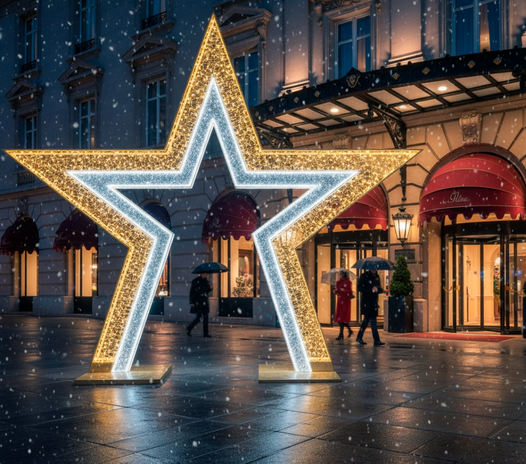 3 Estrellas blanco y cálido en la fachada de un Hotel de lujo
