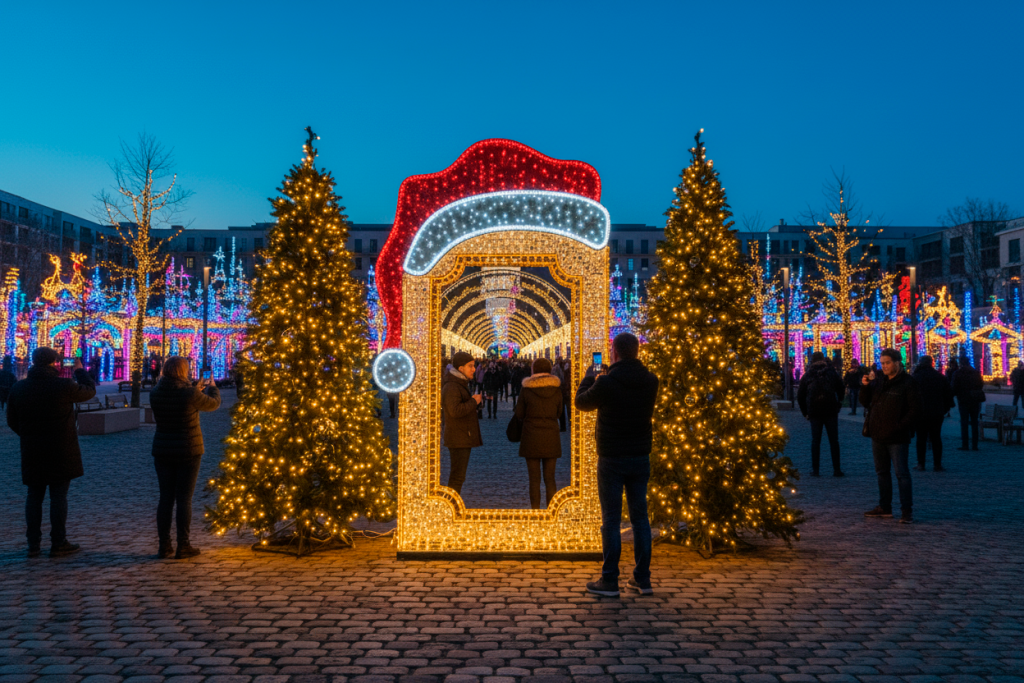 Marco con gorro de Papá Noel en una plaza