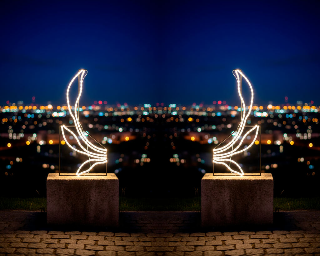 Luces de Navidad Medio Ramo de Laurel sobre pedestal de piedra